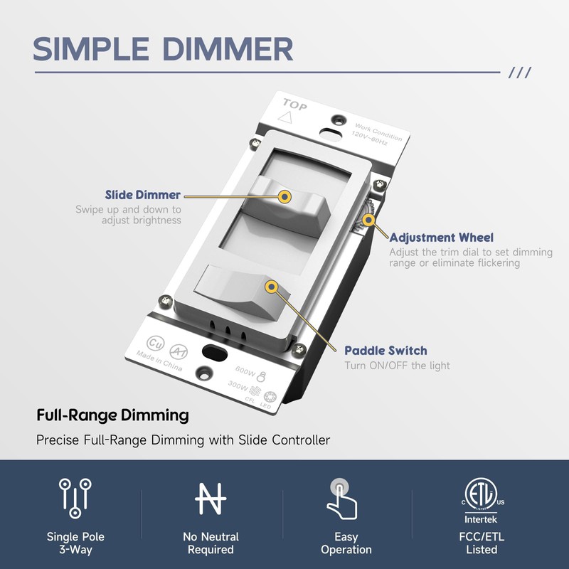 ECOELER Dimmer Switch, Single Pole/3-Way LED Rocker Dimmer Light Switch