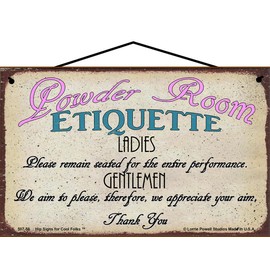 5x8 Vintage Style Bathroom Sign - Powder Room Etiquette for Ladies and Gentlemen - Classic Decor for the Mens or Ladies Room, Ideal for Home or Public Restrooms, Retro Wall Art