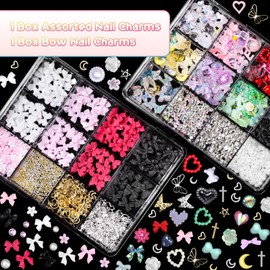3D Nail Charms, Nail Bows Charms and Assorted Butterfly Heart Flowers Acrylic Nail Art Charms, 3D Bow for Nails with Rhinestones, Pearls, Diamonds and Picker Tools for Y2K Nails Decor
