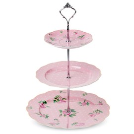 BTaT- Floral 3 Tier Cake Stand, Porcelain, Pastel Pink with Pink Roses & Gold Trim, 3 Tiered Dessert Stand for Cookies, Cupcakes & Fruits