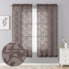 OVZME Anji Sheer Brown Curtains 63 Inches Long, Light & Airy Privacy Textured Brown Sheer Drapes, Dual Rod Pocket Voile Clipped Birds Luxury Sheer Panels for Bedroom Living Room, W38 x L63