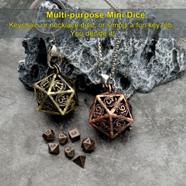 Haxtec Mini Metal DND Dice Set with Bronze Hollow D20 Necklace Dice Case Antique Small Metal Dice Set D&D Portable 7 Pieces Keychain Dice Set