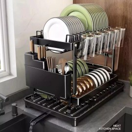 AIDERLY 2 Tier Dish Drainer Rack with Drip Tray Cutlery Holder Plate Racks Kitchen Sink