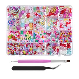 3D Assorted Chunky Nail Charms and Gems Kit, Pearls Bows Heart Star Cute 3D Flowers Rose Bear Macaron Round Beads Embellishments for Nail Art, Craft with Tweezer and Pickup Brush (13-20 Grids-Mixed)