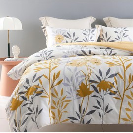 SLEEPBELLA Comforter Queen Size, 600 Thread Count Cotton Grey Branch with Yellow Flower & Grey Leaves Pattern Orange Reversible Comforter Set,Down Alternative Bedding Set 3Pcs(Queen, Yellow Botanical)