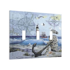 Spshian Light Switch Cover Sea Ocean Sand Coast Compass Ship Lighthouse Anchor 3 Gang Wall Plate Triple Light Switch Plate Toggle Decorative Outlet Covers Electrical Switchplate for Bathroom Decor