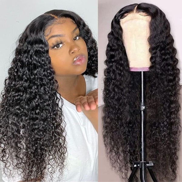 4x4 Deep Wave Lace Closure Wigs Deep Curly Lace Front Wigs Human Hair Wigs for Black Women Glueless Wigs Human Hair Pre Plucked Deep Wave Peruvian Virgin Wet and Wavy Human Hair Wigs with150% Density