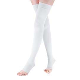 LIN PERFORMANCE 15-20 mmHg Medical Compression Stockings for Women and Men Thigh High Dot-Top Open Toe Socks for Varicose Vein Swollen legs (White,3XL)