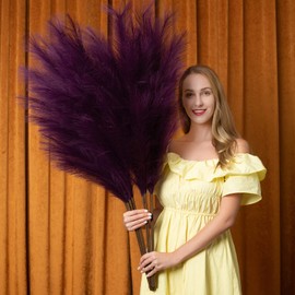 Pampas Grass Decor Tall, 43"/110cm Faux Pampas Grass 6 Stems Large Pompass Grass Branches Tall Bulk Boho Flower Arrangement for Home Room Wedding Party Decor(Purple)