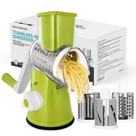 X Home Rotary Cheese Grater for Kitchen, Shredder with 3 Interchangeable Blades, Rotary Grater with Handle and Strong Suction Base, for Vegetables, Fruit, Nuts, Easy to Use and Clean, Green