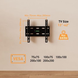 Korfull Fixed TV Wall Mount, Low Profile TV Bracket for Most 13-42 inch LED LCD OLED, Plasma Flat Screen TVs with VESA 200x200mm, Fits 8" Wood Stud, Holds up to 66lbs