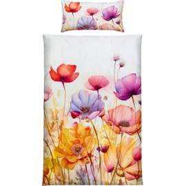 Erwin Müller Mako Satin Bed Linen Poppy Watercolour Style Colourful Size 40 x 80 cm / 135 x 200 cm – Silky Soft Quality, Temperature Regulating, with Zip
