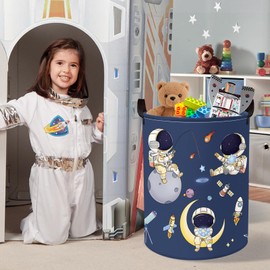 Clastyle 45L Blue Space Astronaut Baby Laundry Basket Spaceship Rockets Round Dirty Clothes Nursery Hamper Kid Toy Storage Basket for Bedroom Bathroom Playroom