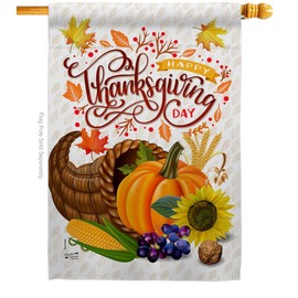 Angeleno Heritage Thanksgiving Cornucopia House Flag Fall Turkey Give Thanks Gobble Pumpkin Season Autumntime Decoration Banner Small Garden Yard Gift Double-Sided, Thick Fabric, Made in USA