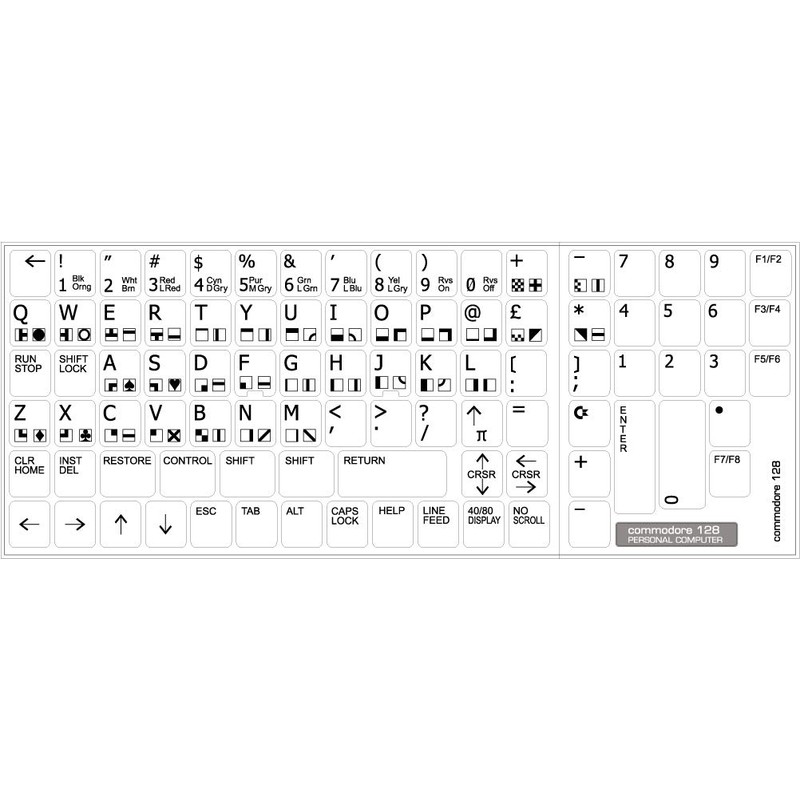 Commodore 128 Non-Transparent Keyboard Decals Black OR White Background (White