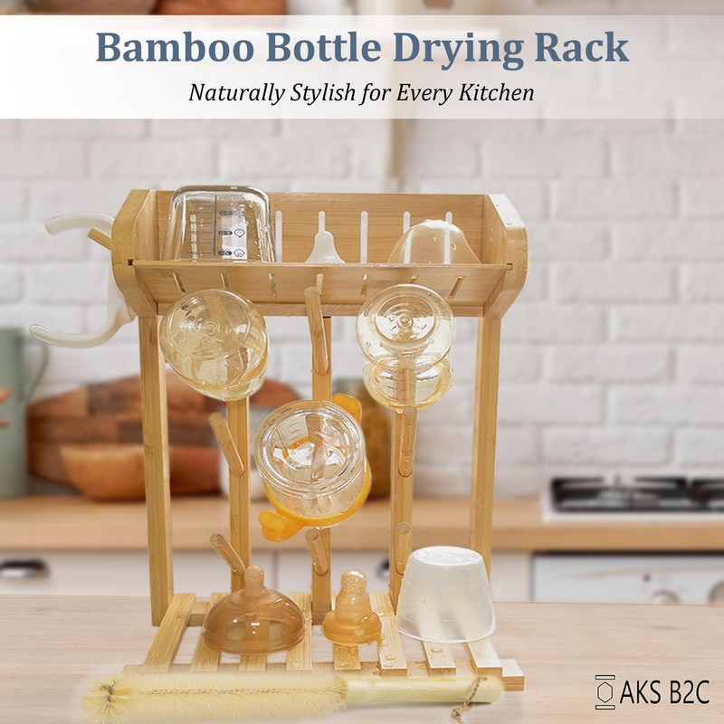AKS B2C Bamboo Baby Bottle Drying Rack, Vertical Space Saving