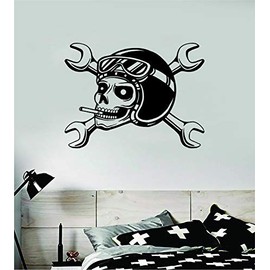 Biker Skull V2 Wall Decal Sticker Vinyl Art Bedroom Living Room Decor Teen Boy Girl Ride Bike Dirtbike Race Cruise Off Road Cross Country Motorcycle Wheel Engine Mechanic Tools Wrench Helmet