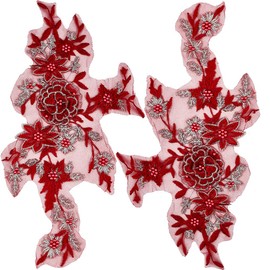 CABODYALS 2Pcs 3D Floral Embroidery Applique Pearl Lace Beaded Embroidered Appliques Dark Red Polyester Sequin Flower Sew on Tulle Patches for Sewing Making Dress Gown Wedding Bridal Shirt Bag Supply