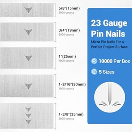 meite 23 Gauge Pin Nails, Assorted 5 Sizes (5/8", 3/4", 1", 1-3/16", 1-3/8") Micro Headless Piner Nails - Galvanized 23GA Pins Nails for Nail Gun, Ideal for Fine Woodworking (10,000 Counts)