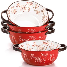 AVLA 4 Pack Ceramic Soup Bowls, 22 Ounces Porcelain Serving Bowl Set with Doundle Handle, Large Ceramic Crocks for French Onion Soup, Stew, Pasta, Cereal, Pot Pies (Red)