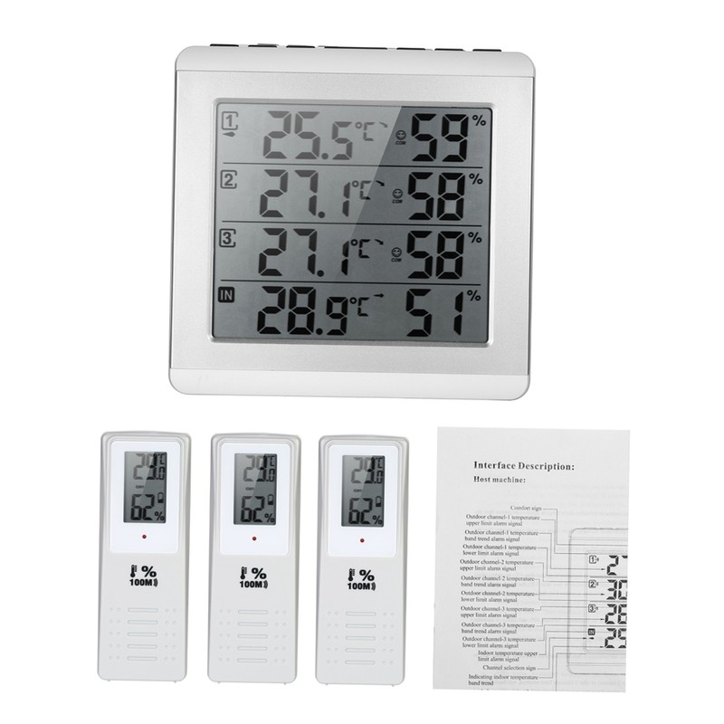 LCD Digital Wireless Indoor/Outdoor Thermometer Hygrometer Four-channel ℃/℉ Temperature Humidity