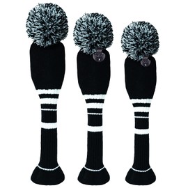 3 or 4 Pack Pom Golf Head Covers for Woods 1 3 5 Driver Fairway Hybrids Golf Wood Head Cover Set with Number Tag Knitted Golf Head Covers (Black 135)