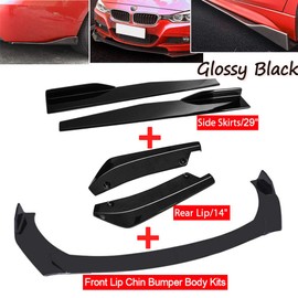 Evargc Glossy Black Universal Car Front Bumper Lip Spoiler Diffuser Body Kits + 29"/74.5CM Car Side Skirt Extension Rocker Panel Body Kit+ 14"/35CM Car Rear Bumper Lip Compatible with Most vehicle