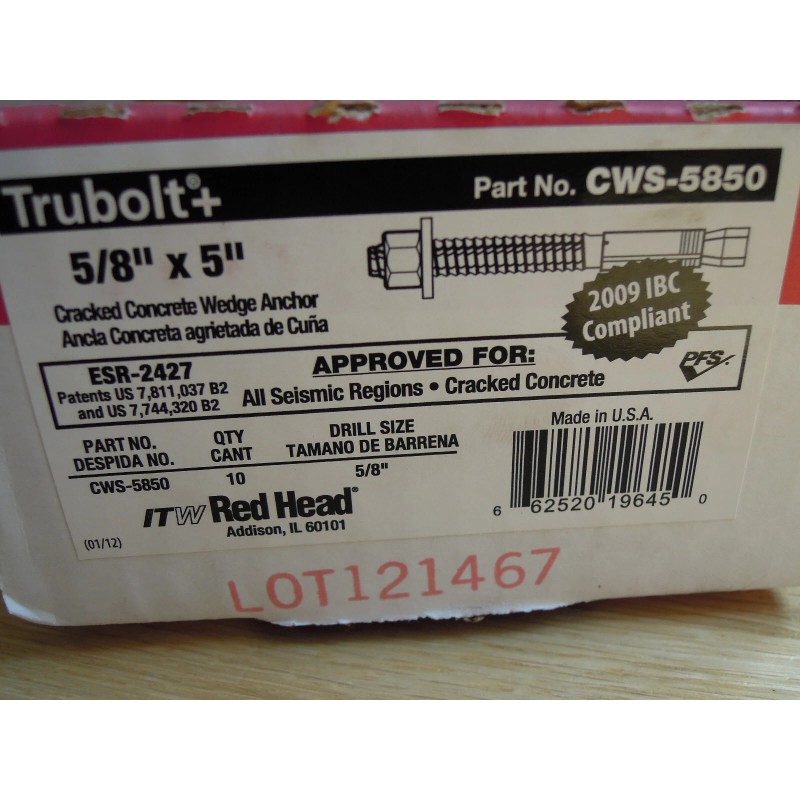 RedHead Box of 10 CWS-5850 Red Head Trubolt Seismic 5/8"