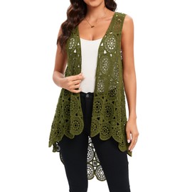 Women's Crochet Lace Vest Boho Sleeveless Kimono Irregular Hem Cardigan (Olive-W02)