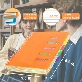 Yoment 5 Subject Notebook College Ruled Spiral Notebook 5x7 with Removable Dividers 270 Pages Notebooks for Work Multi Subject Notebook with 5 Tabs Organizer Notebook for Note Taking School, A5 Orange
