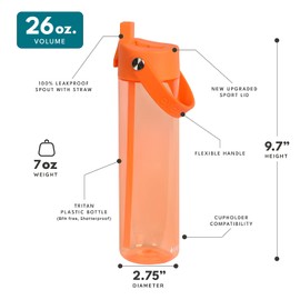 Elemental Splash Water Bottle with Straw - BPA-Free Tritan Plastic Reusable Water Bottle with Strap - Leak-Proof Water Bottle for Travel, Gym and Sports - Orange & Marine Sunset - 26oz (2 Pack)