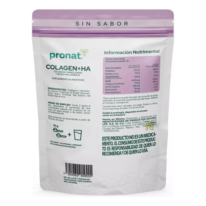 Colageno Colagen+ha (sabor Natural) (500 Gramos) Pronat