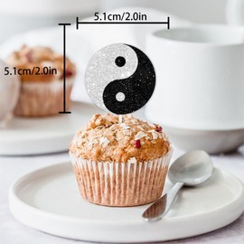 18pcs Red Glitter Dessert Cupcake Topper Yin Yang Tai Chi Theme Men Women Boys Girls Happy Birthday Party Decorations