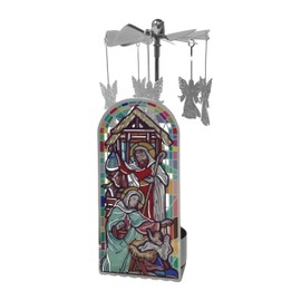 Nativity Rotating Candle Holder with Silver Spinning Angels - Laser Cut Holy Family Christmas Candle Spinner - Smokeless Tea Light Candle Included - 6" X 1.75"