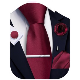 Ailisus Wine Red Ties for Men Silk Satin Necktie and Pocket Square Cufflinks Tie Clip Lapel Pin Set Wedding Business 5PCS