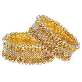 Efulgenz Indian Bangles for Women Gold Tone Traditional Bridal Faux Pearl Beaded Bracelets Bollywood Jewelry Fashion Wedding Bracelet Bangle Set (2 Pcs) Size 2.6