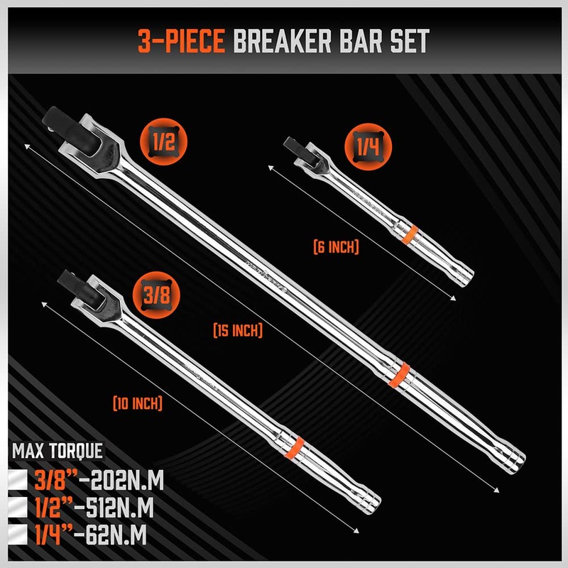 HORUSDY 3-Piece Breaker Bar Set with 180° Rotatable Head, 1/4'',