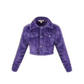 Casual Cute Sherpa Fuzzy Two Pockets Button Closure Crop Jackets Purple L