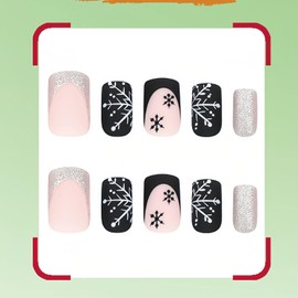 BFY Snowflake Press on Nails Medium Coffin Winter Christmas Fake Nails, Black Silver French Glitter Acrylic Nails Stick Glue on Nails, Frosted False Nails Kits Winter Xmas New Year Accessories 24 Pcs