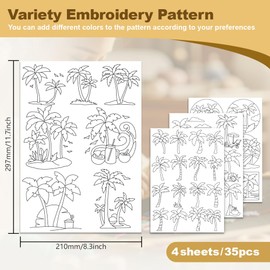 DOODLREAM 35Pcs Coconut Trees Water Soluble Hand Sewing Stabilizers, 21 x 29.7cm Seaside Beach Embroidery Pattern Stabilizer, 4 Sheets Summer Stick and Stitch Embroidery Paper Sticker