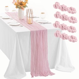 Leetaltree 4 Pack Pink Cheesecloth Table Runner, 35x120 Inch Boho Rustic Cheese Cloth Table Runner, Decorative Table Runners for Bridal Baby Shower Decorations or Wedding Table Decorations