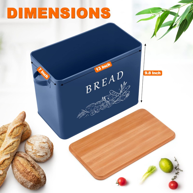 LIANYU Navy Blue Bread Box with Bamboo Cutting Board Lid,