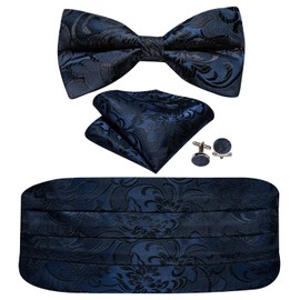 Barry.Wang Cummerbund Bow Tie Set for Men, Silk Cummerbund Pretied Bow Tie Pocket Square Cufflinks