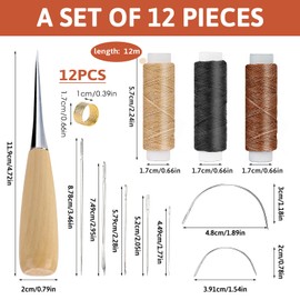 12 Pcs Leather Sewing Needle Set, 30m Waxed Thread Hand Sewing Book Binding Thimble Leather Repair Kit, Upholstery Repair Leather Curved Needle Kit for DIY Hand Stitching Carpet Furs Canvas Repair