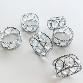 Crystal Napkin Rings Set of 6,Handicraft Rhinestone Napkin Holders, Classic Elegance Serviette Ring Holder for Wedding, Banquet, Anniversary, Thanksgiving, Table Setting Decor (Silver)