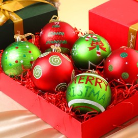 6Pcs 4" Large Outdoor Christmas Ornaments, Xmas Tree Elf Swirl Ball Decoration, Big Red Green Christmas Ornament, Giant Glittering String Ball Plastic Hanging Decor for Lawn Yard Holiday Party