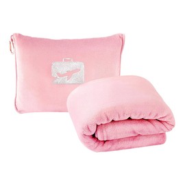 LUFEIS Travel Blanket and Pillow, 2 in 1 Airplane Blanket with Soft Bag Pillowcase, Portable Travel Blankets with Hand Luggage Belt and Backpack Clip, Ideal for Long Flights, Camping (Pink)