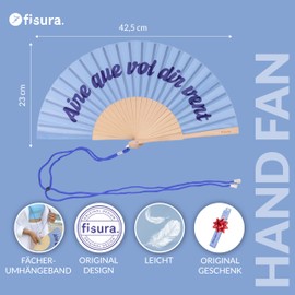 Fisura Original "aire que vol dir vent" Wooden Fan Modern Colourful Blue Hand Fan with Handy Hanger Size: 42.5 x 23 cm