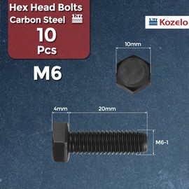 Kozelo 10 Pcs Hex Head Screws Bolts - [M6-1x20] Carbon Steel Grade 10.9 Fully Threaded Hex Tap Metric Hexagon Head Machine Bolts Left Hand External Hex Drive, Black