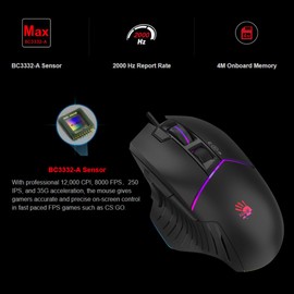 Bloody W95BR Max Extra Fire Gaming Mouse - 12,000 CPI, BC3332-A Sensor, 2000 Hz Report Rate, 4M Onboard Memory, RGB Backlit, Adjustable LOD, Precision Control, Ergonomic Design
